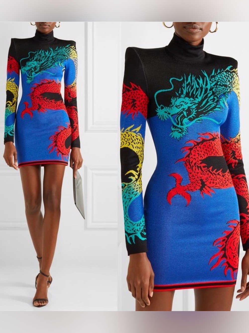 Balmain Blue Jacquard-Knit Turtleneck Mini Dress